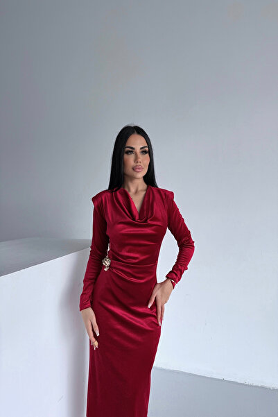 LİLA İSTANBUL Degaje Collar Velvet Fabric Red Dress