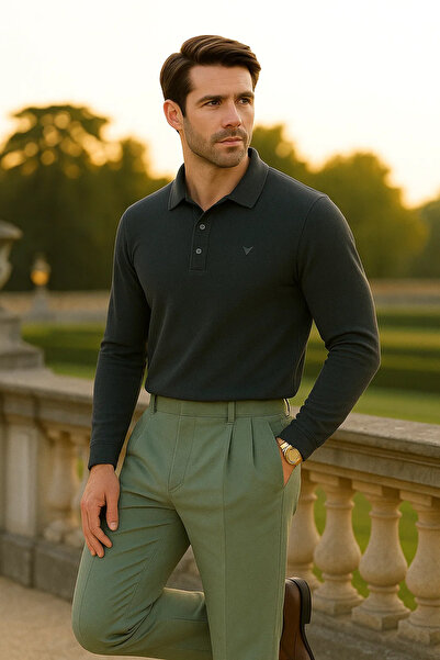 Maccali Men's Casual Polo Neck Long Sleeve Smoked T-Shirt