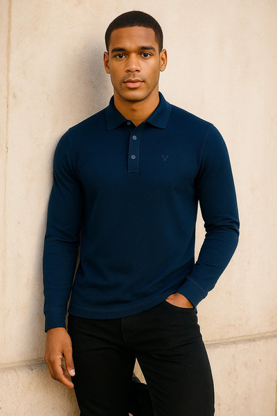 Maccali Men's Casual Long Sleeve Navy Blue Polo Neck T-Shirt