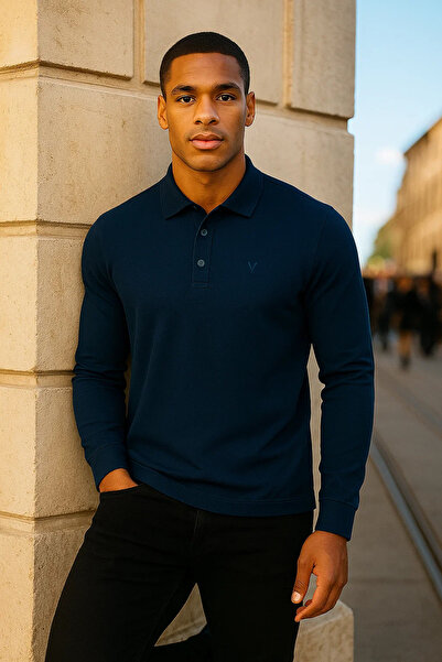 Maccali Men's Casual Long Sleeve Navy Blue Polo Neck T-Shirt