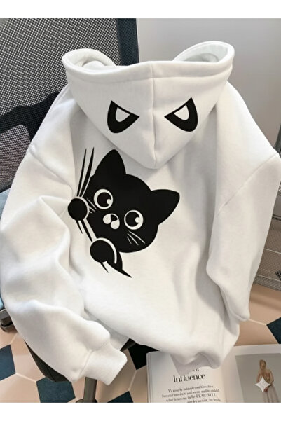 KVİNS Γυναικεία/Unisex Αστεία Λευκή Φούτερ με Κουκούλα με σχέδιο Γάτας