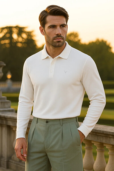 Maccali Ανδρικό μακρυμάνικο μπλουζάκι με λαιμόκοψη πόλο, καθημερινό, χαλαρό, λευκό