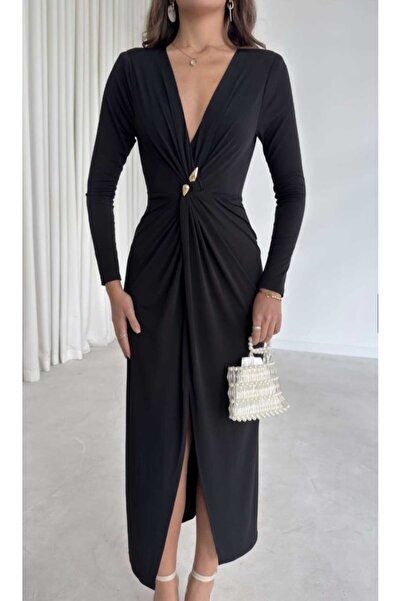 Nida Boutique Double-Breasted Sandy Long Sleeve Dress with Collar Front Slit Shoulder Pad Accessories Detail