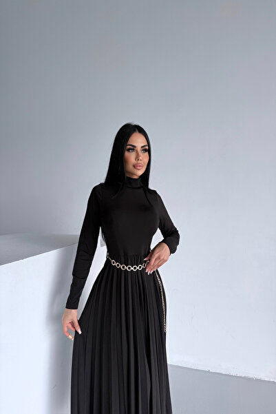 LİLA İSTANBUL Turtleneck Skirt Pleated Chain Belt Detailed Knitwear Black Dress