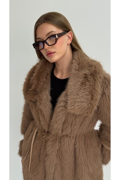 SLAVY Ceket Yaka Yumuşak Doku Deri Kol Kemerli Kuşaklı Kürk Mont