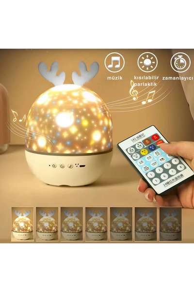 SHOPYTECH Bluetooth Hoparlörlü Yıldızlı Gece Lambası Projektör Geyik Boynuzlu...
