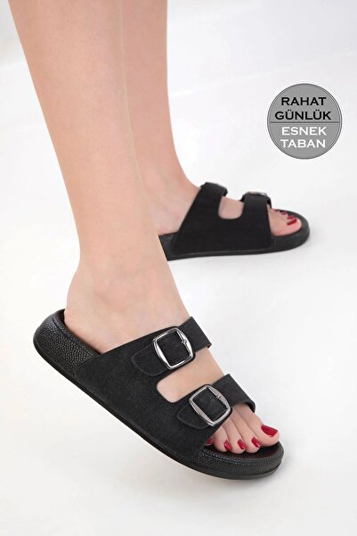 Pienn Double Buckle Anatomical Black Women's Slippers