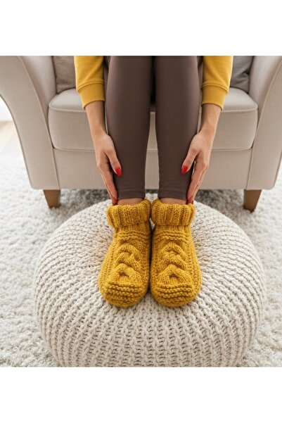 TrendYünEvi El Örgüsü Kalın Sarı Ev Çorabı (36-37-38-39-40)