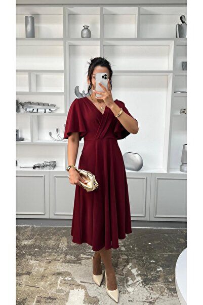 Nida Boutique Double-Breasted Collar Wide Sleeve Flared Midi Length Knitted Crepe Dress