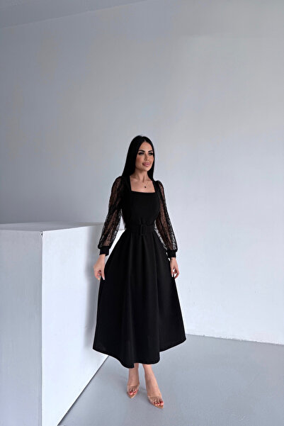 LİLA İSTANBUL decolteu pătrat Rochie neagră cu mâneci din tul și curea