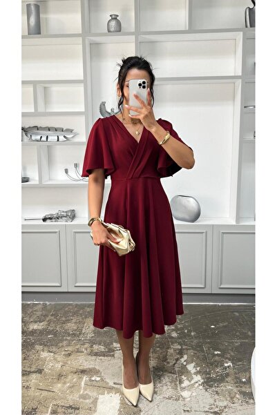 Nida Boutique Double-Breasted Collar Wide Sleeve Flared Midi Length Knitted Crepe Dress