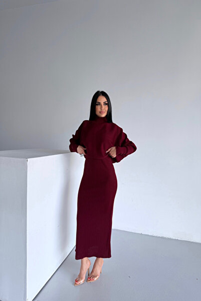 LİLA İSTANBUL Rochie tricotată dublă cu gât roșu (mărime standard S/M/L/XL)