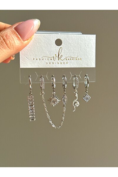 YOUES JEWELRY ÇELİK KADIN 6'LI KÜPE SETİ GÜMÜŞ RENK SİLVER