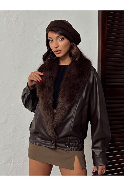 GM Butikk New Season Fur Collar Oversized Leather Jacket Fur Collar Jacket Women's Fur Collar Jacket