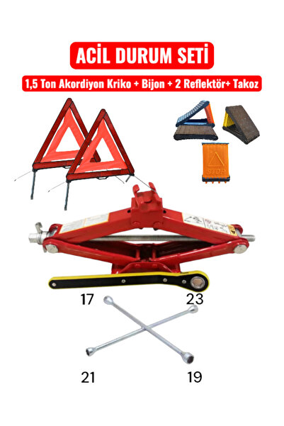 OTOMEKSAN Acil Durum Seti 1.5 Ton Makas Kriko, Bijon Anahtarı, 2 Reflektör ve Takoz Maksimum Dayanıklılık