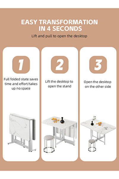 Ammar Space Folding Dining Table in 3 Forms Kitchen Table Dining Table Multifunctional Extension 100x60x75cm