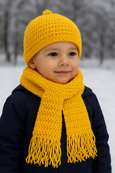 Yalçınoğlu Kids Hand Knitted Wool Children's Scarf Beanie Set |   3-8 Years Old |   Handmade Winter Set |   Warm Holder Winter Set I