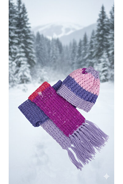 Yalçınoğlu Kids Hand Knitted Wool Children's Scarf Beanie Set |   3-8 Years Old |   Handmade Winter Set |   Warm Holder Winter Set I