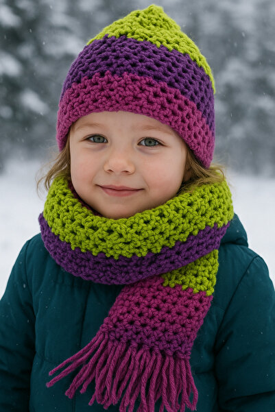 Yalçınoğlu Kids Hand Knitted Wool Children's Scarf Beanie Set |   3-8 Years Old |   Handmade Winter Set |   Warm Holder Winter Set I