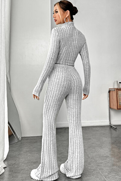 RUKOD Women's Grey Striped High Neck Crop Top and High Waist Pants Set