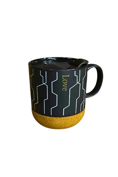 WDA Modern Coffee Mug with Geometric Pattern, Black with Gold Base, Love Design
