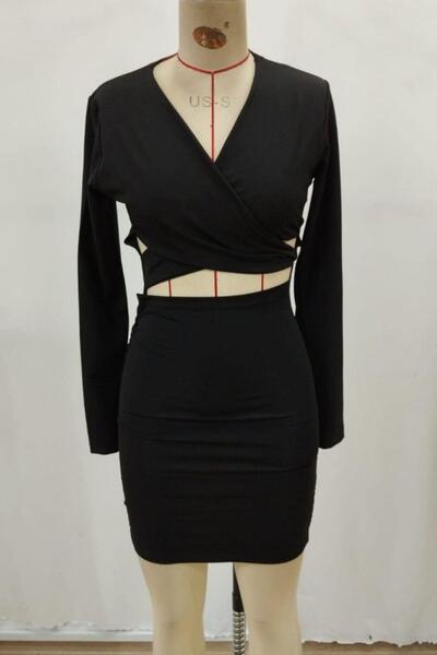 Mossta V-Neck Low Waist Cross Detailed Mini Sandy Dress - Black