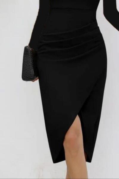 Mossta Kalp Yaka Draped Midi İhtal Crepe Dress - Black