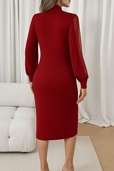Mossta Half Turtleneck Pearl Tulle Sleeves Imported Crepe Dress - Red