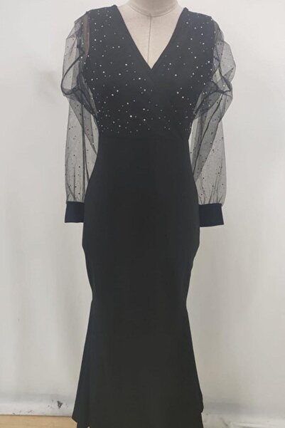 Mossta Double-Breasted Collar Stone and Tulle Detail Imported Crepe - Black