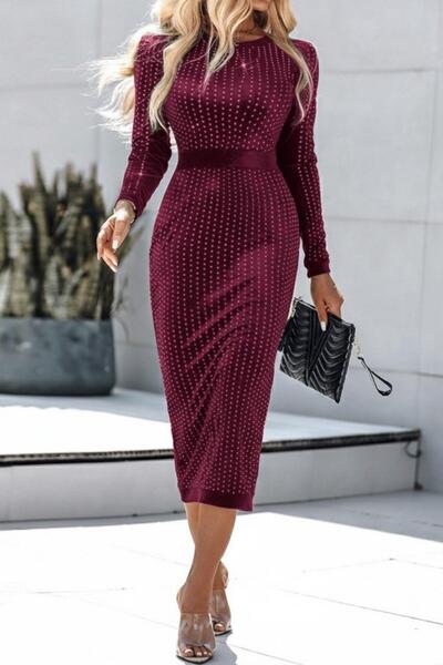 Mossta Long Sleeve Rhinestone Midi Velvet Dress - Burgundy