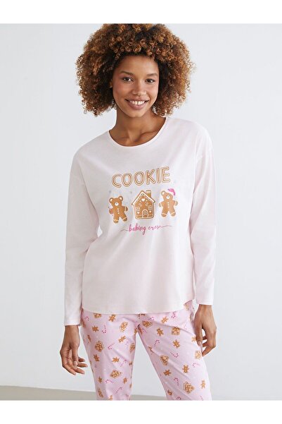 LC Waikiki Lcw Young Pink Crew Neck Christmas Themed Women's Pajama Set