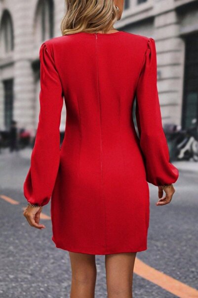 Mossta Double-Breasted Imported Crepe Dress with Neckline Side Gatherings - Red