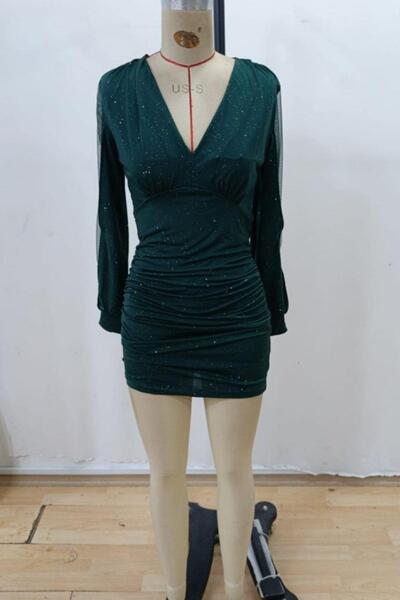 Mossta V-Neck Off-The-Shoulder Glitter Sandy Dress - Green