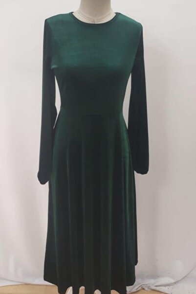 Mossta Round Neck Velvet Fabric Midi Dress - Green