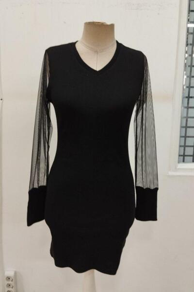 Mossta V-Neck Tulle Detailed Short Ribbed Knit Dress - Black