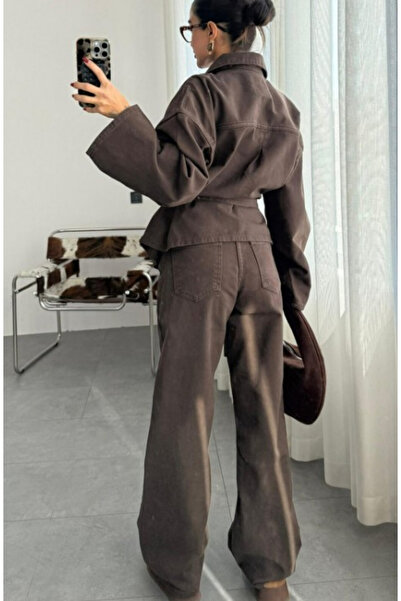 SHILSEE BEUTİQUE Women's Tie-Up Detail Shirt and Pants Denim Set Bitter Brown