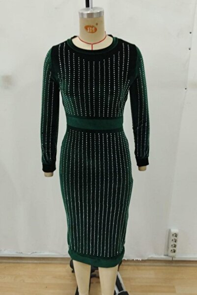 Mossta Long Sleeve Rhinestone Midi Velvet Dress - Green