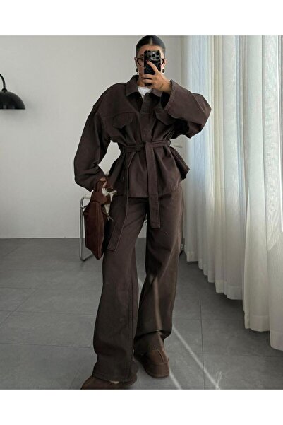 SHILSEE BEUTİQUE Women's Tie-Up Detail Shirt and Pants Denim Set Bitter Brown
