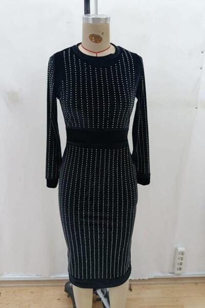 Mossta Long Sleeve Rhinestone Midi Velvet Dress - Black