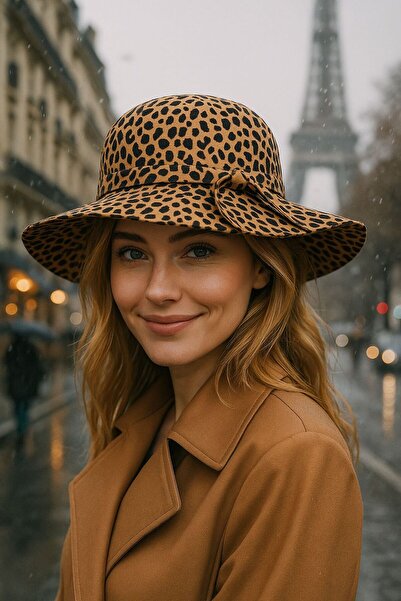 FELLMENS Camel Leopard Patterned Ribbon Gondola Women's Hat