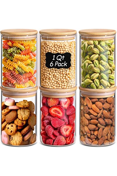 ComSaf 950 ml Storage Jars with Lid, Set of 6, Airtight Glass Jars with Bamboo Lids