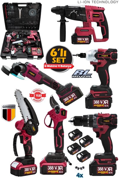 stilmax 388VF 10AH 6'lı Set Kırıcı Delici Matkap Taşlama Somun Sökme Dal Budama Makas Akülü Profesyonel Set