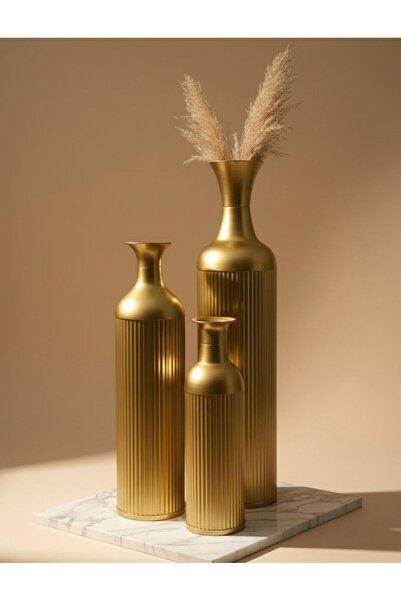 Noor High-quality vase set, gold-colored iron with a striped pattern, 15*50, 17*65, 20*85