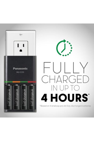 PANASONIC شاحن Eneloop BQ-CC55 - Advanced Pro، شحن سريع لمدة 4 ساعات، 4 مؤشرات LED، أسود
