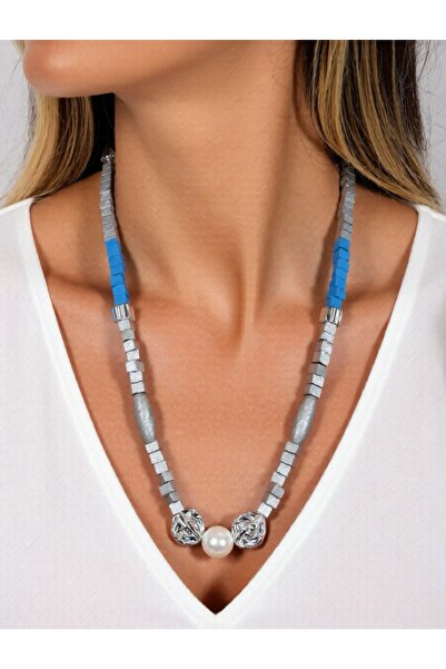 COCOSH TAKI Gray Blue Detailed Modern Long Statement Necklace – Women's Styli...