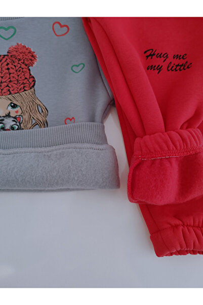 Beray Bebe Cotton Girls' Winter Inner Wear Fleece-Lined Tracksuit Set - B Printed Sweatshirt & Pants