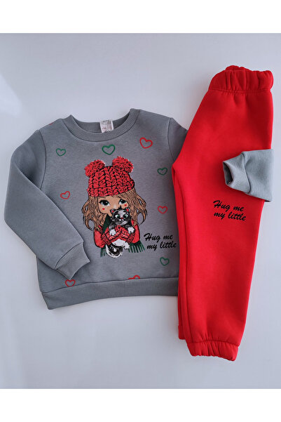 Beray Bebe Cotton Girls' Winter Inner Wear Fleece-Lined Tracksuit Set - B Printed Sweatshirt & Pants