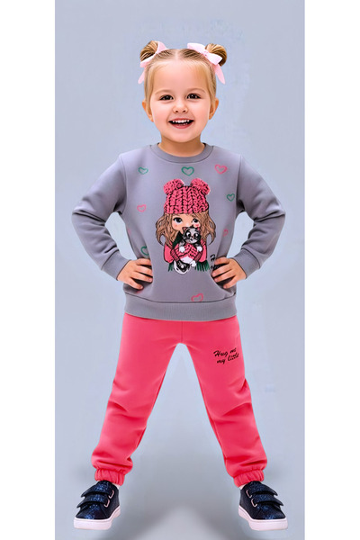 Beray Bebe Cotton Girls' Winter Inner Wear Fleece-Lined Tracksuit Set - B Printed Sweatshirt & Pants