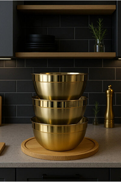 Davet 3'lü Gold Karıştırma Kabı, Gold Paslanmaz Çelik Çok Amaçlı Kase 16cm-20...