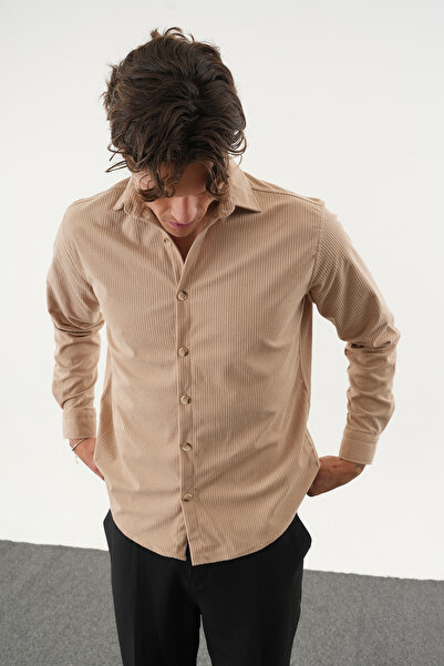 No Way Men's Regular Fit Velvet Striped Long Sleeve Shirt